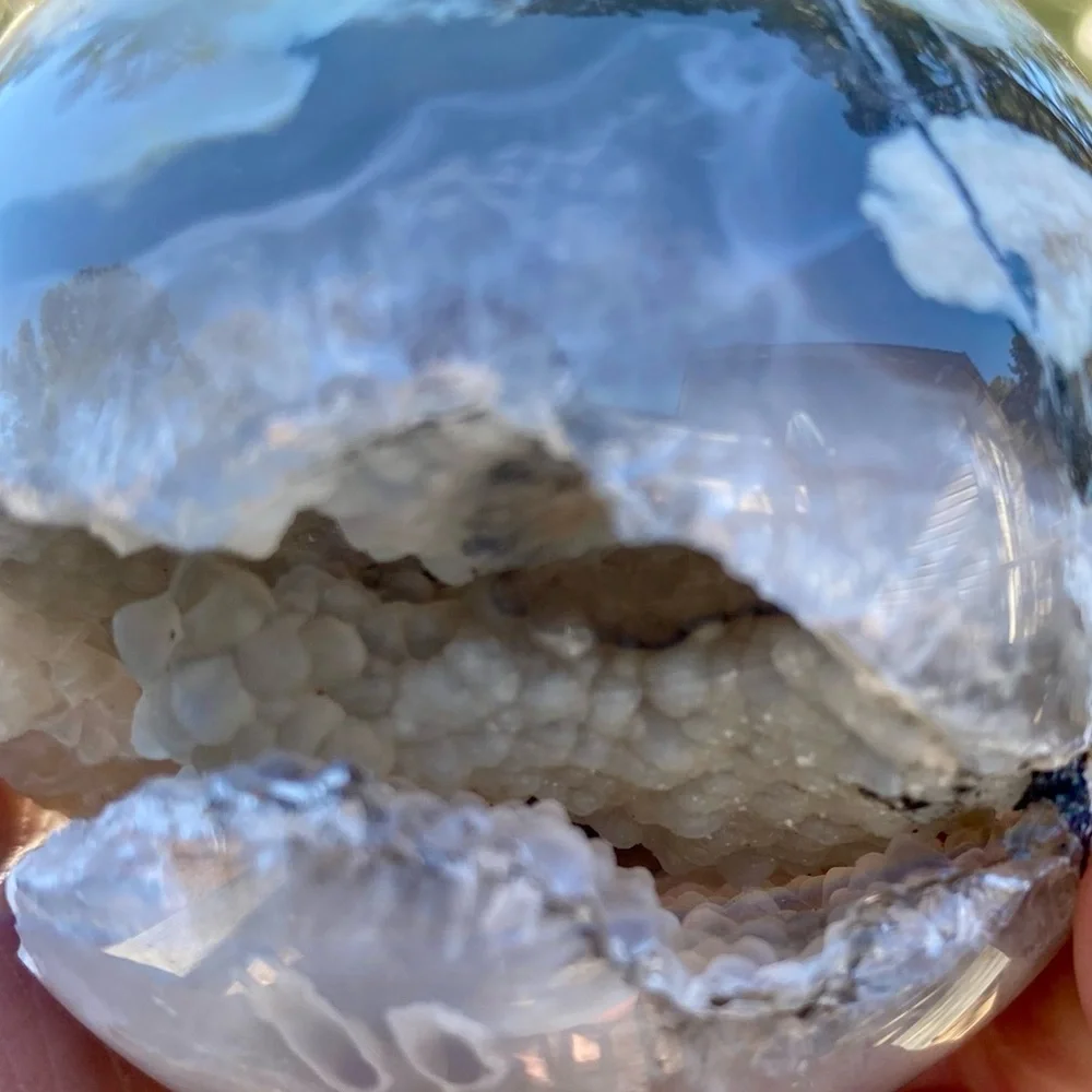 Large HQ Polished UV Reactive Volcano Agate Sphere w/ Wooden Stand - Picture 14 of 16